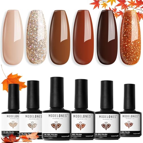 Modelones UV Nagellack Set Herbst Winter Kürbis Orange Nude Braun Glitter 6 Farbe Gel Nagellack Gel Nail Polish French Manicure Soak Off UV Nägel Gellack für Nail Art Nageldesign Kit von modelones