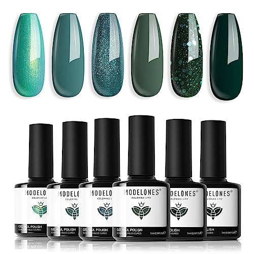 Modelones UV Nagellack Grün, Dunkelgrün Glitzer 6 Farben Gellack UV Gel Nagellack Set LED Soak Off Gelnägel Nail Polish für Nail Art Nageldesign von modelones