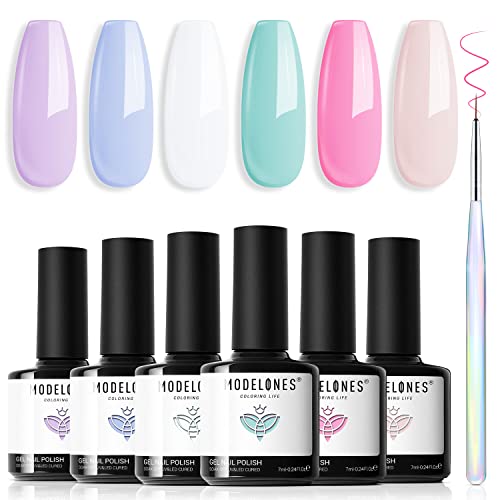 Modelones UV Nagellack Pastell, Rosa Nude Grün Milky Weiss Makronen Blau Violett 6 Farben Gellack UV Gel Nagellack Set LED Soak Off Gelnägel Nail Polish für Nail Art Nageldesign von modelones