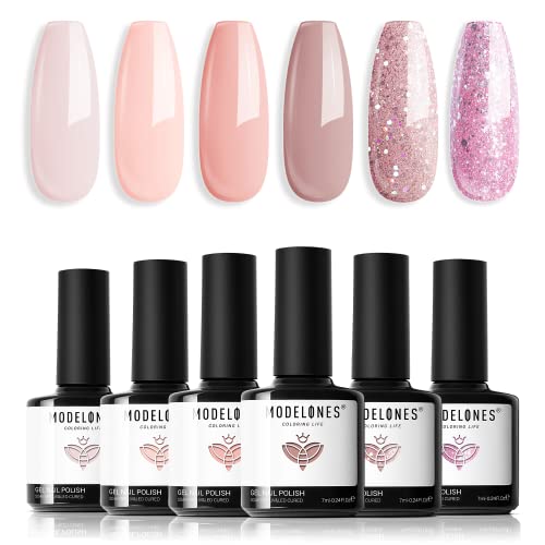 Modelones UV Nagellack Set Rosa Nude Pastell Weiß Glitter 6 Farbe Gel Nagellack Gel Nail Polish French Manicure Soak Off UV Nägel Gellack für Nail Art Nageldesign Kit von modelones