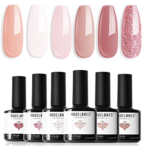 Modelones UV Nagellack,Gel Nagellack UV 6 Farben,Nude Weiß Rosa Glitzer für Frühling Sommer Soak Off Nail Polish French Manicure DIY zu Hause Geschenke, 7 ml von modelones