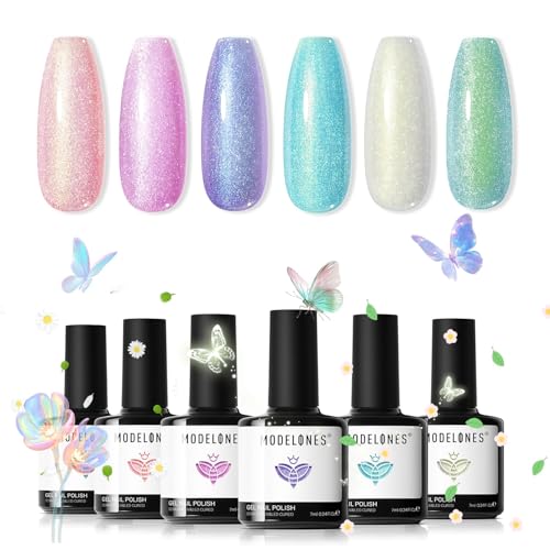 modelones uv nagellack Glitter, 6 Farben Meerjungfrau Rosa Baby Blau Lila Glitter, Soak Off Natur Gel Nail Polish Nageldesigns, UV-LED Lack, Gellack für Anfänger Nail Art Maniküre Salon von modelones