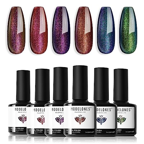 modelones Chamäleon UV Nagellack, 6 Pcs Gel Nagellack Rot Grüner Glitzer, Soak Off Gel Nail Polish Nageldesigns, Gellack Uv Lack für Anfänger Nail Art Maniküre Salon Weihnachten von modelones