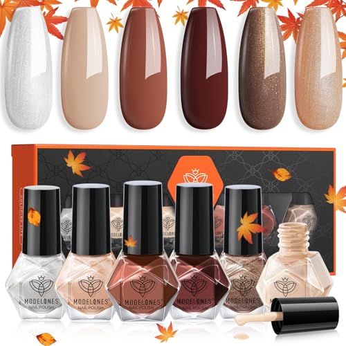 modelones Nagellack 6 PCS, Nagellack Schnelltrocknend Herbst Braun Orange Schokoliert Glitzer, Nagellack Ungiftig Auf Wasserbasis, Langanhaltender Nagellack für DIY Salon Geschenk für Frauen Mädchen von modelones
