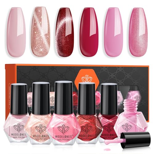 Modelones 6 PCS Schnelltrocknender Nagellack - Pink Rot Cat Eye Glitzer, Ungiftig Auf Wasserbasis, Langanhaltend für DIY Salon - Geschenk für Frauen Mädchen von modelones
