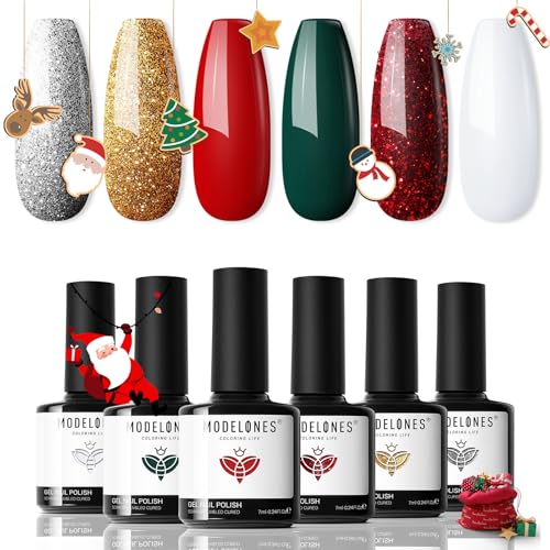 modelones UV Nagellack, Rot Glitzer Grün Weiß Gel Nagellack Set Winter 6 Farben Soak Off Gel Polish Nageldesigns,Gellack Nail Art Maniküre Salon von modelones