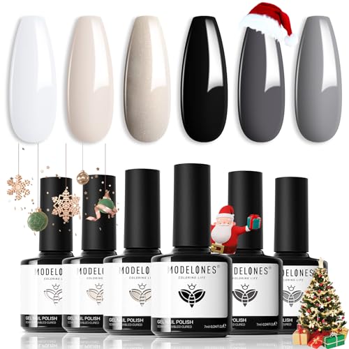 modelones UV Nagellack, Weiß Schwarz 6 Farben Gel Nagellack Set, Soak Off Natur Gel Polish Nageldesigns, UV LED Gellack UV Lack für Anfänger DIY Nail Art Maniküre Salon von modelones