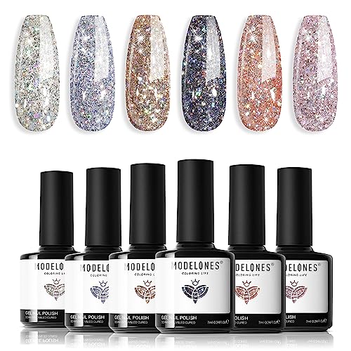 modelones UV Nagellack Glitzer, 6 Farben Silber Rosa Gel Nagelgel Set, Farbwechsel Gel Sternen Glitter Gel Nail Gel Polish Kit, Shellac Gel Lack UV, Gellack Nagellack für Anfänger Nail Art Maniküre von modelones