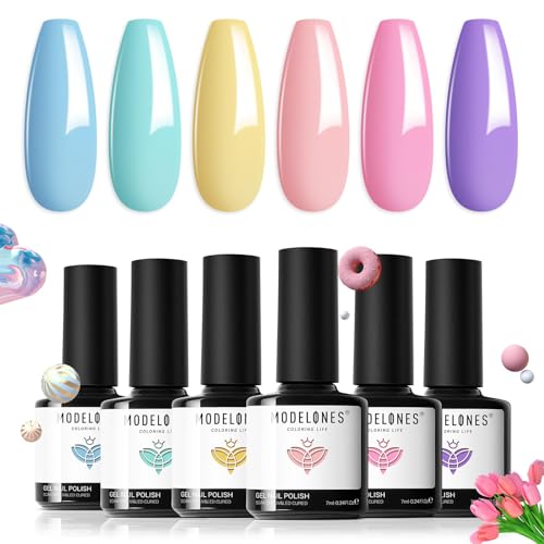 modelones UV Nagellack Pastell, 6 Farben Sommer Makronen Pastell Gel Nagellack,Rosa Blau Lila Grün Gelb Uv Lack für Frauen Nail Art Design Urlaub Maniküre Geschenkset Gellack uv DIY Salon von modelones