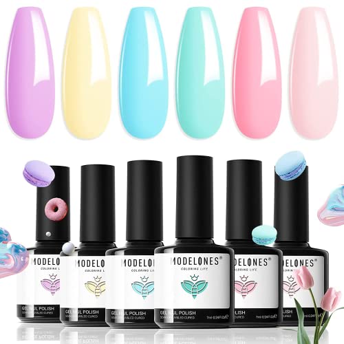 modelones UV Nagellack Pastell Gellack Set, 6 Farben Makrone Süss Süßigkeiten Gelnägel Rosa Lila blau Gel Nagellack UV Gel Nail Polish Soak Off LED Nagelkunst Maniküre Geschenke für Frauen DIY Salon von modelones