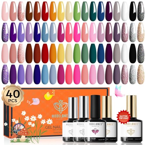 modelones UV Nagellack Set 40 PCS, 36 Farben Rot Glitzer Rosa Weiß Schwarz Gel Lack,Nail Polish Soak Off,Gellack für Nagelstudio Desig Base& Matt& Glitter& Top Coat LED Nail Art Maniküre von modelones