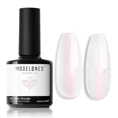modelones UV Nagellack Weiß Rosa, 15 ML Gellack Pearl Effect Schimmer Meerjungfrau Gel Nagellack, Glitter Uv Lack Swirl Effekt, Soak Off Gel Nail Polish Nail Art DIY von modelones