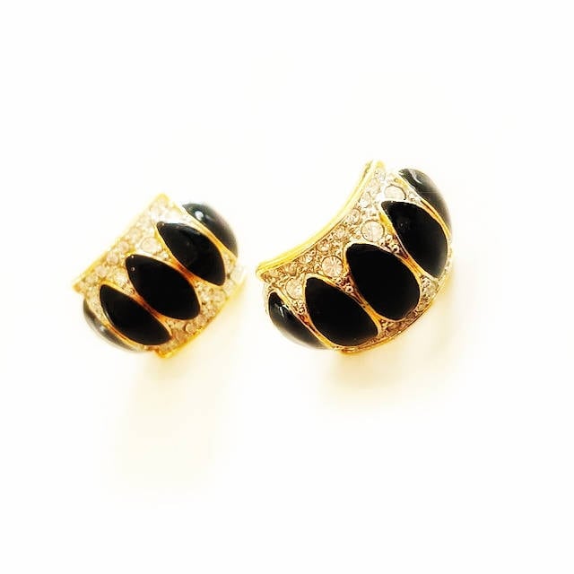 80Er Jahre Ohrring Schwarz Gold, Vintage Ohrclips Emaille Mit Strasssteinen, Statement Muttertagsgeschenk Für Sie 80Er Jahre Ohrring Schwarz Gold, Vintage Ohrclips Emaille Mit Strasssteinen, Statement Muttertagsgeschenk Für Sie von modernmatters