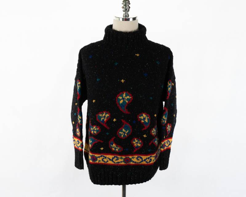 Vintage Manhattan Paisley Muster Grauer Wolle Rollkragenpullover X-Large Oversized Baggy 80Er Made in England U.k von modsloth