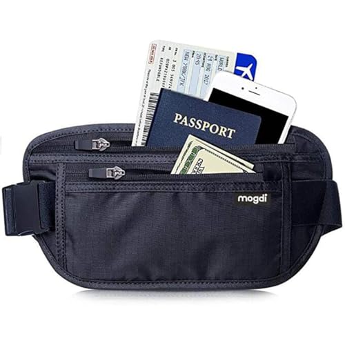 Profi RFID Blocker geschützte Bauchtasche Flache Gürteltasche für Damen u. Herren Brieftasche Reise Urlaubs- Etui Hüfttasche Wandertasche Gürtel Versteck Autoschlüssel Kreditkarten Schwarz von mogdi