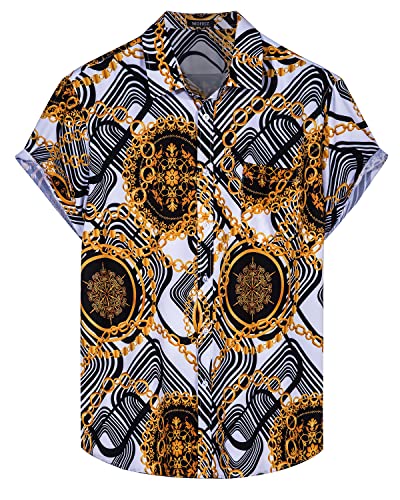 mohez Herren Funky Hawaiihemd Barock Stil Golden Chain Muster Aloha Shirt Kurzarm Freizeithemd Button Down Sommerhemd Golden Small von mohez