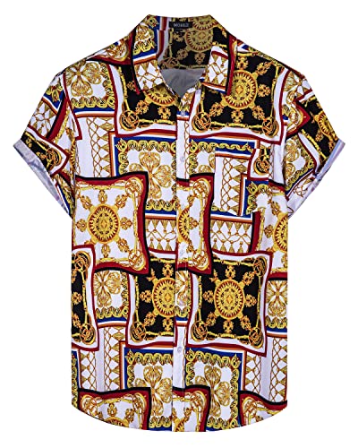 mohez Herren Funky Hawaiihemd Barock Stil Muster Aloha Shirt Kurzarm Freizeithemd Button Down Sommerhemd Golden Small von mohez