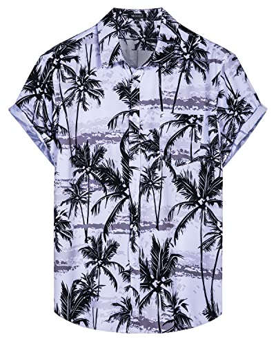 mohez Herren Funky Hawaiihemd Kokosnussbaum Muster Aloha Shirt Kurzarm Freizeithemd Button Down Sommerhemd Weiß Medium von mohez