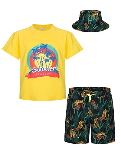 mohez Jungen 2 tlg Outfits Bedrucktes Kurzarm T-Shirts + Shorts Set Kind Sommer Bekleidungssets mit Eimerhut Gelb Top 7-8 Jahre von mohez