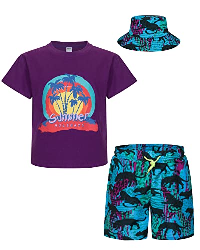 mohez Jungen 2 tlg Outfits Bedrucktes Kurzarm T-Shirts + Shorts Set Kind Sommer Bekleidungssets mit Eimerhut Lila Top 11-12 Jahre von mohez