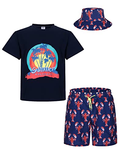 mohez Jungen 2 tlg Outfits Bedrucktes Kurzarm T-Shirts + Shorts Set Kind Sommer Bekleidungssets mit Eimerhut Marineblau Top 3-4 Jahre von mohez