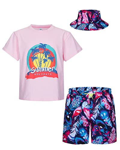 mohez Jungen 2 tlg Outfits Bedrucktes Kurzarm T-Shirts + Shorts Set Kind Sommer Bekleidungssets mit Eimerhut Rosa Top 5-6 Jahre von mohez