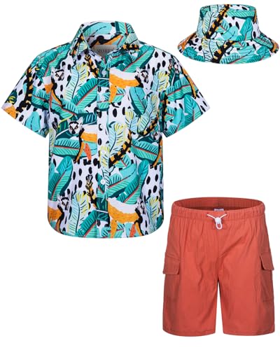 MOHEZ Kind Jungen Bekleidungssets Sommer Hawaiian Kurzarm button down Hemd + Cargo Shorts + Eimerhut Set Blätter Muster Grün Hemd 3-4 Jahre von MOHEZ