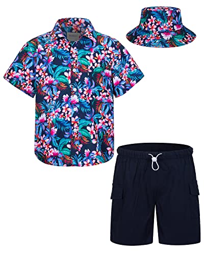 mohez Kind Jungen Bekleidungssets Sommer Hawaiian Kurzarm button down Hemd + Cargo Shorts + Eimerhut Set Blumen Muster Lila Hemd 9-10 Jahre von mohez