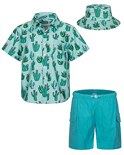 mohez Kind Jungen Bekleidungssets Sommer Hawaiian Kurzarm button down Hemd + Cargo Shorts + Eimerhut Set Kakteengewächse Muster Grün Hemd 5-6 Jahre von mohez