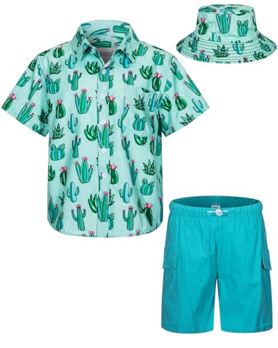 MOHEZ Kind Jungen Bekleidungssets Sommer Hawaiian Kurzarm button down Hemd + Cargo Shorts + Eimerhut Set Kakteengewächse Muster Grün Hemd 5-6 Jahre von MOHEZ