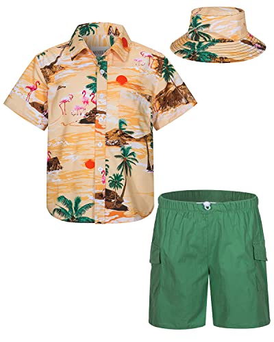 mohez Kind Jungen Bekleidungssets Sommer Hawaiian Kurzarm button down Hemd + Cargo Shorts + Eimerhut Set Kokospalme Muster Gelb Hemd 13-14 Jahre von mohez