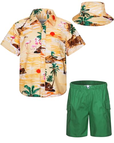 MOHEZ Kind Jungen Bekleidungssets Sommer Hawaiian Kurzarm button down Hemd + Cargo Shorts + Eimerhut Set Kokospalme Muster Gelb Hemd 3-4 Jahre von MOHEZ