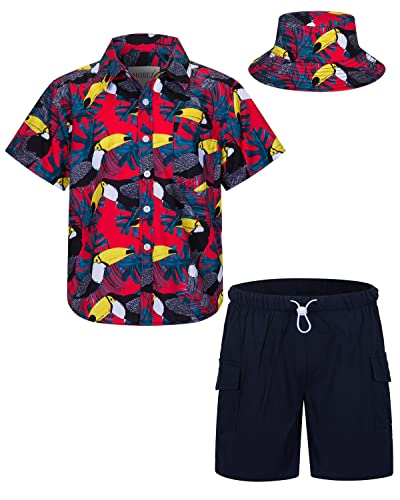 mohez Kind Jungen Bekleidungssets Sommer Hawaiian Kurzarm button down Hemd + Cargo Shorts + Eimerhut Set Papagei Muster Rot Hemd 7-8 Jahre von mohez