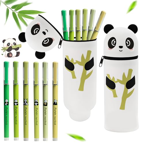 mohito Cartoon Federmäppchen,6 Stück Panda Neutral Stift,2-In-1 Silikon Federmäppchen,Mäppchen Panda,Niedliches und praktisches Federmäppchen für Jungen und Mädchen mit 6 neutralen Stiften (Panda) von mohito