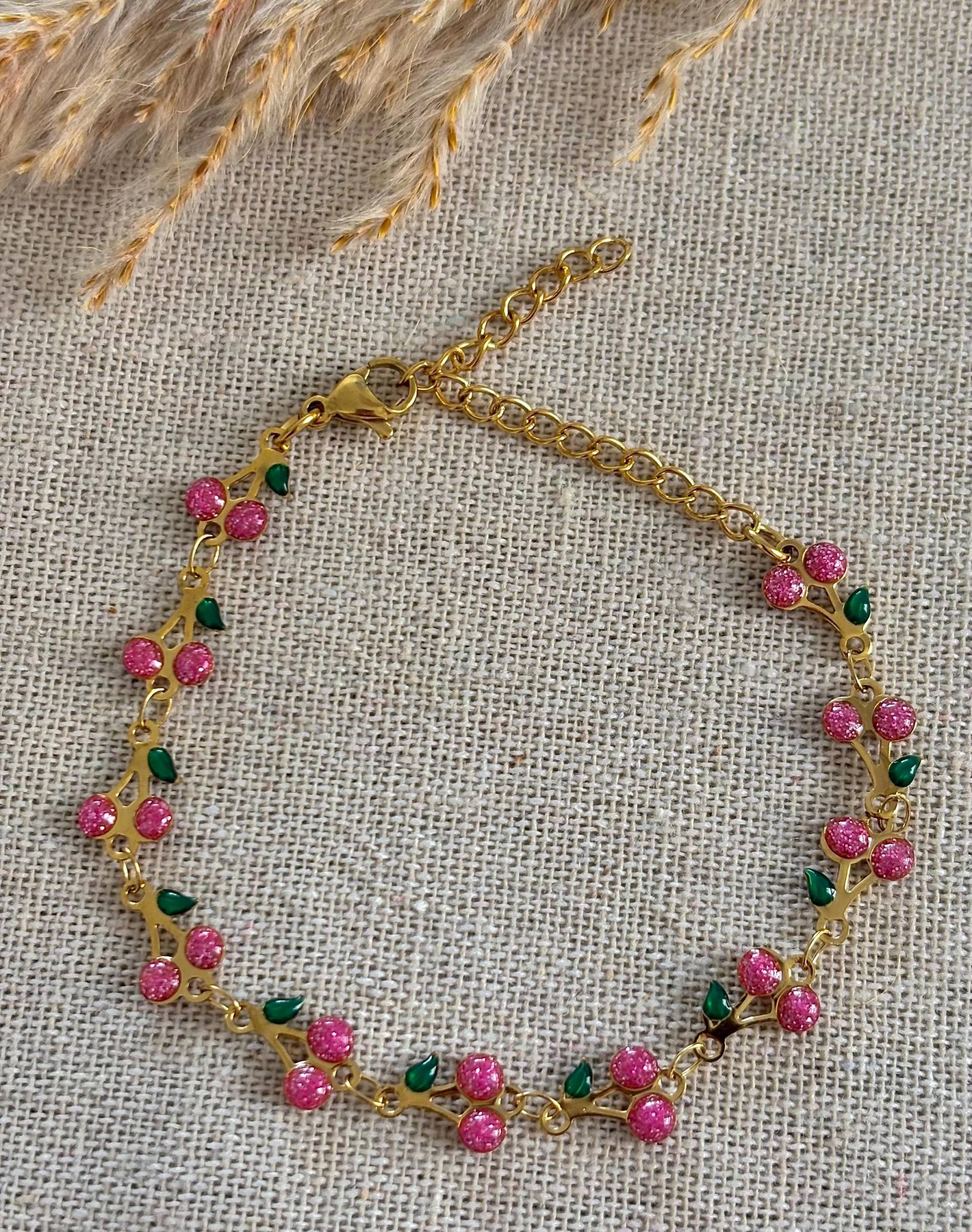 Armband Mit Kirschen ~ Früchte Edelstahl 14 K Vergoldet von mojasDesign