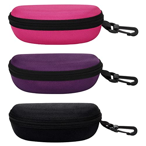 MOLSHINE 3 Stück Tragbare Hartschale Sonnenbrillenetui, Reißverschluss Brillenetui mit Haken für Frauen Männer Reisen Sport, Schwarz / Rosa / Violett, Large von molshine