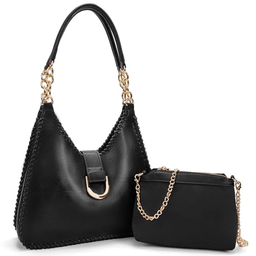 molshine Handtasche damen aus veganem Leder, Hobo-Umhängetasche mit Metallkette für Damen 2-teiliges Set Henkeltaschen HB038(Schwarz) von molshine