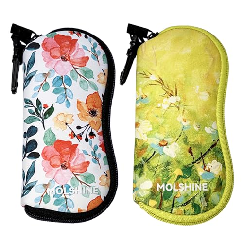 molshine 2-teiliges Weiches Sonnenbrillenetui,Neopren-Brillenbeutel mit Reißverschluss,Tragbare Brillentasche mit Haken für Damen und Herren(Grünes Gänseblümchen & weiße Blume) von molshine