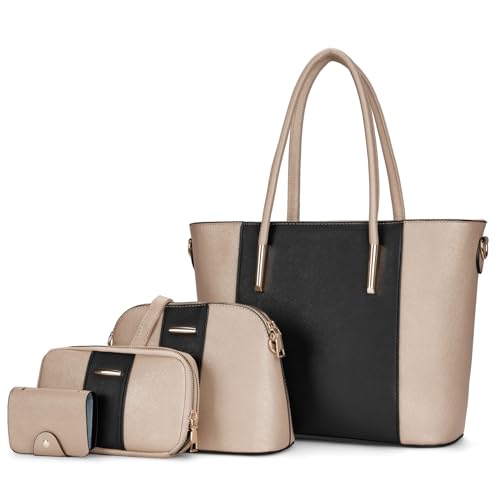 molshine Handtasche Damen aus veganes Leder Groß Henkeltaschen Umhängetasche für Frauen 4-teiliges Set enthalt Geldbörse Kartenpaket,Tragetasche für Büro Reise(Gold) HB036 von molshine