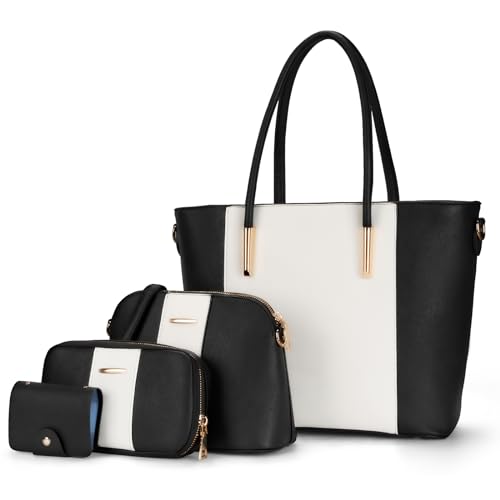 molshine Handtasche Damen aus veganes Leder Groß Henkeltaschen Umhängetasche für Frauen 4-teiliges Set enthalt Geldbörse Kartenpaket,Tragetasche für Büro Reise(Schwarz) HB036 von molshine