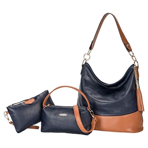 molshine Groß Handtasche 3-teiliges Set aus veganem Leder, Hobo Tasche,Umhängetasche mit Griff oben,Handtaschen Set für Damen HB032(Blau) von molshine