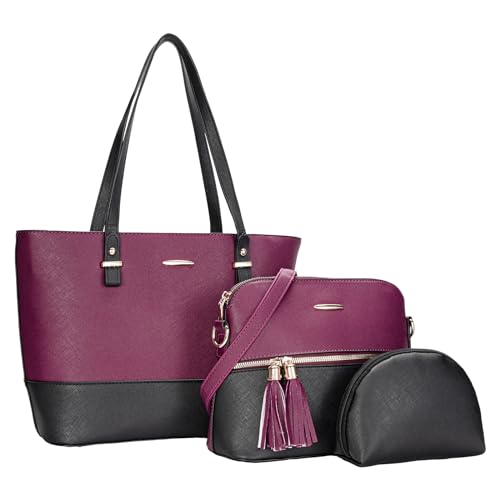 molshine Handtasche Damen Shoppe aus veganem Leder, Umhängetasche Henkeltasche 3-teiliges Set Umhängetaschen für Damen bei ReisenHB028（Bohnenpaste rot） von molshine