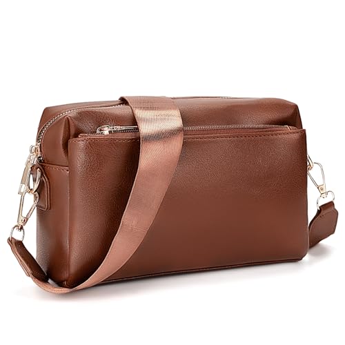 molshine Handy Umhängetasche Damen,Kleine Schultertasche,Vegan Leder Crossbody Bag mit drei Reißverschlussfächern,Elegant Handtasche mit Verstellbar Schultergurt HB040 (Braun) von molshine