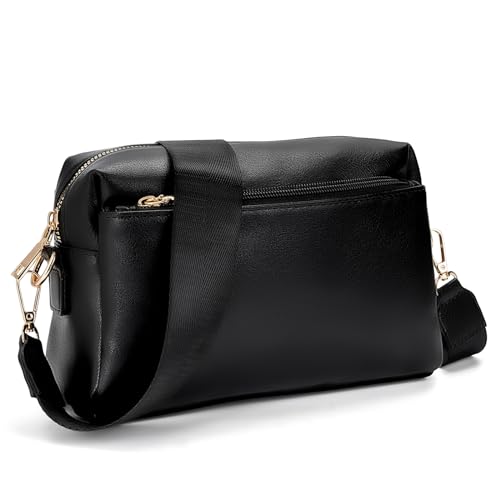 molshine Handy Umhängetasche Damen,Kleine Schultertasche,Vegan Leder Crossbody Bag mit drei Reißverschlussfächern,Elegant Handtasche mit Verstellbar Schultergurt HB040 (Schwarz) von molshine