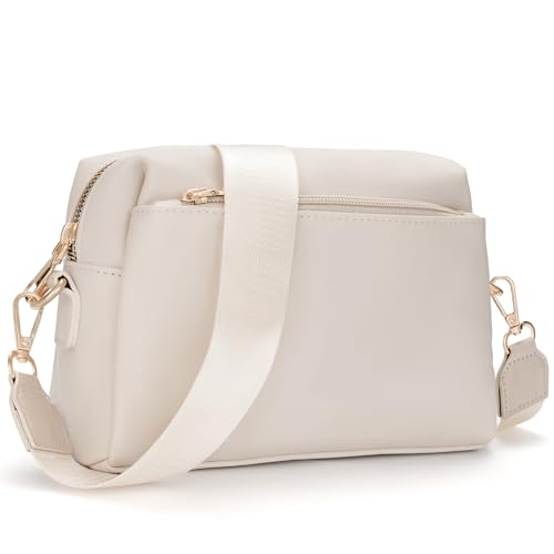 molshine Handy Umhängetasche Damen,Kleine Schultertasche,Vegan Leder Crossbody Bag mit drei Reißverschlussfächern,Elegant Handtasche mit Verstellbar Schultergurt HB040(Beige) von molshine