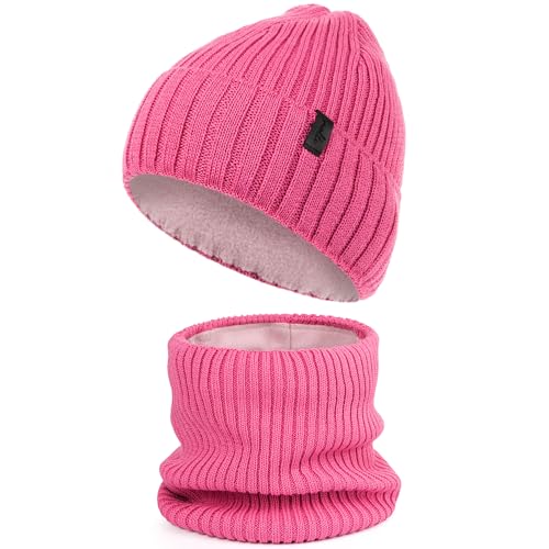 molti Merinowolle Winter Warm Mütze und Loop Schal Set mit Fleece Gefütterte für Kinder Jungen Mädchen, Wintermütze Strickmütze Beanie Schlauchschal Halswärmer (Rosa) von molti