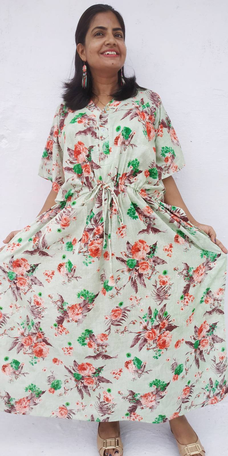 Florales Baumwolle Kaftan Kleid Rosa Boho Maxi Lounge Wear von mommyrobeclothing