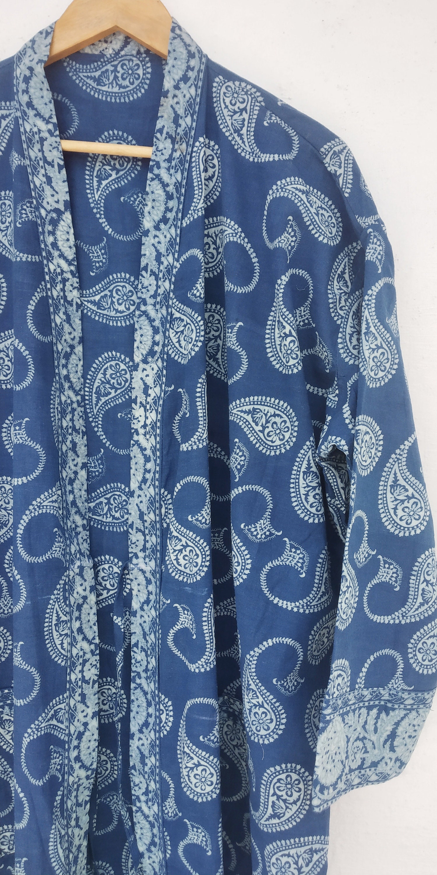 Indigo Paisley Baumwolle Kimono Blockprint Robe Unisex Handblock Nachthemd Brautjungfern Roben Bademantel von mommyrobeclothing