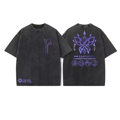 Honkai Spiel Star Rail Ge-waschene Kurzarm Castorice Washed T-Shirt Trendy Retro Rundhals Druck-Oberteil Doppelseitiger Druck-Option Castorice Cosplay von momogut