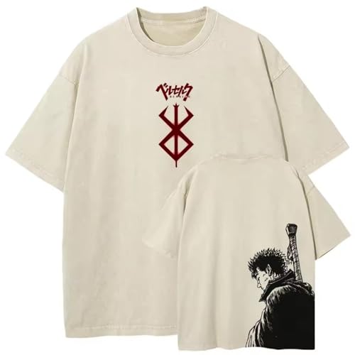 Männer Washed T-Shirt Hip Hop Streetwear Anime Berserker Graphic Print Oversize Guts Tshirt Short Sleeve Cotton Loose Vintage Tops von momogut